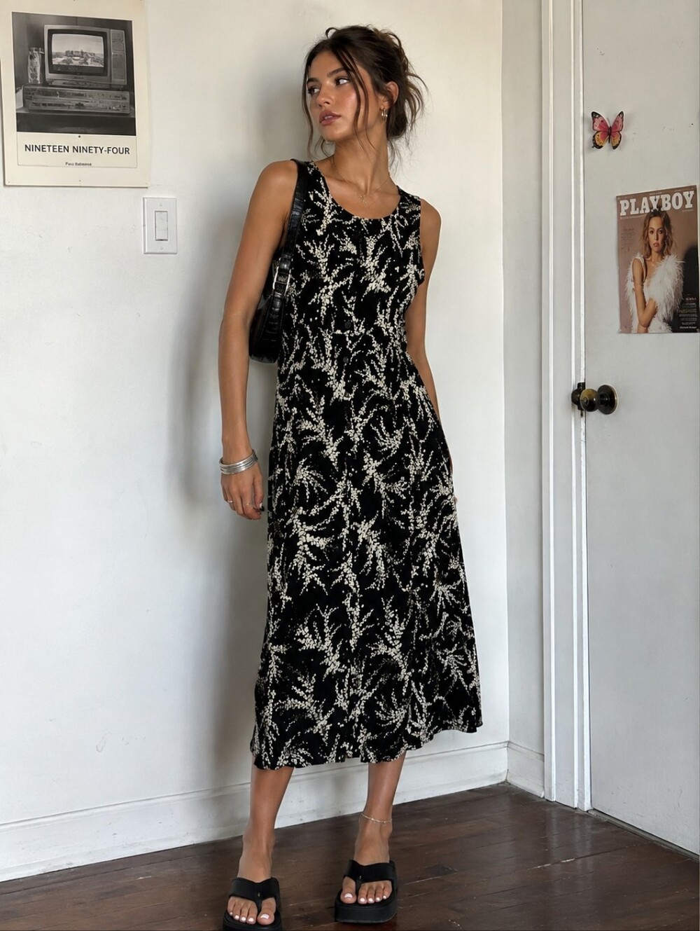 Vintage 90s Weekend Edition Botanical Print Midi Dress Size M Floral Crepe Y2K